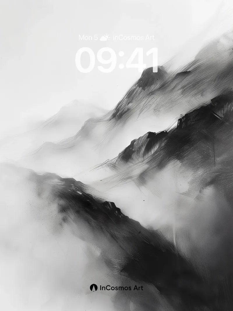 Mist-Wrapped Peaks Wallpaper in Monochrome Hush