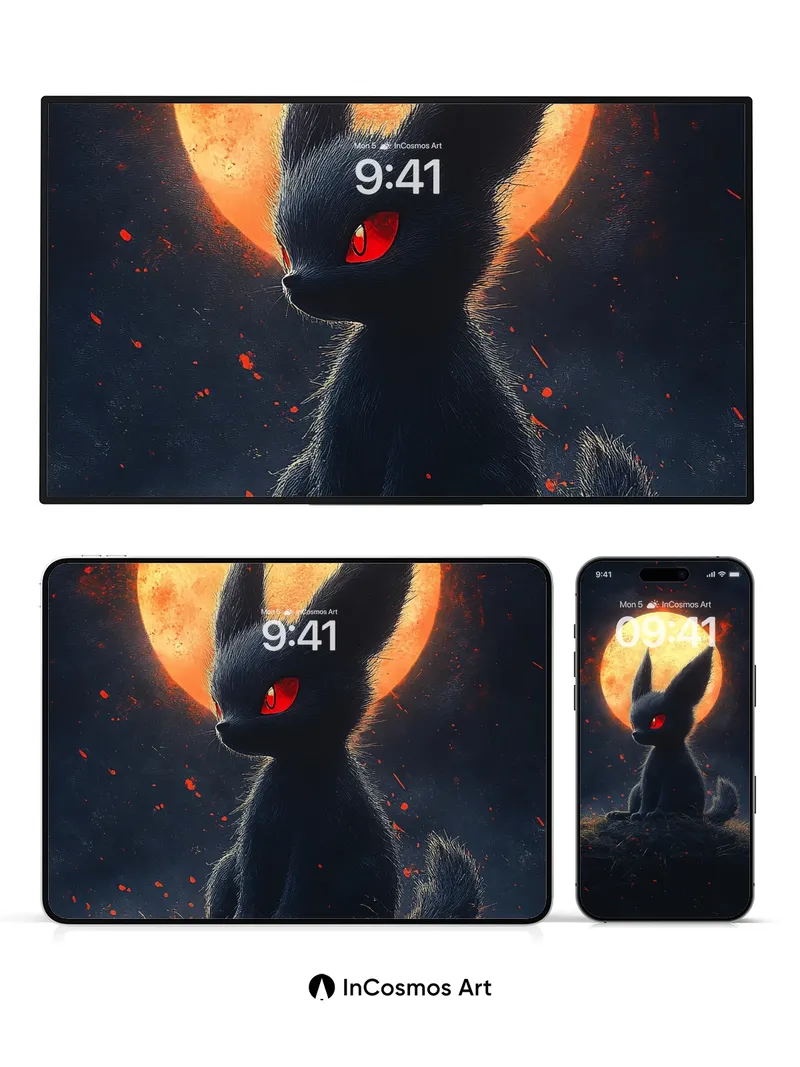 Ethereal Shadow Cat Wallpaper with Fiery Moon