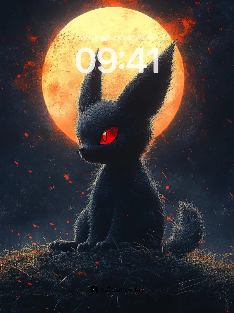 Ethereal Shadow Cat Wallpaper with Fiery Moon