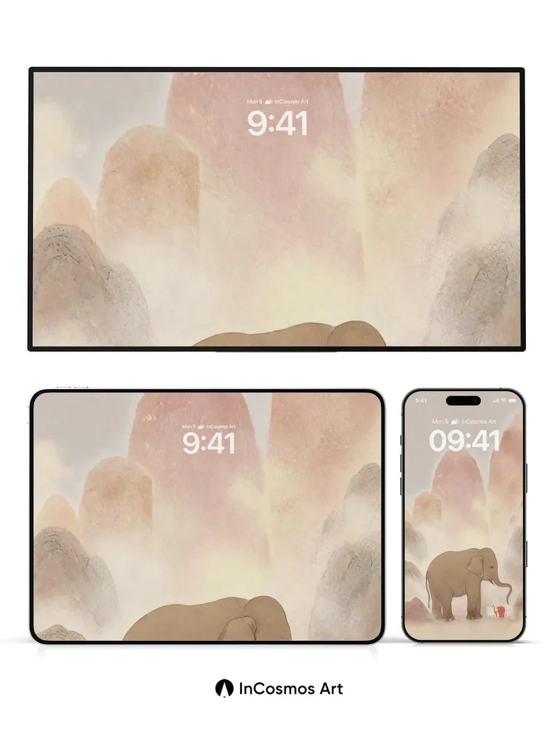 Serenity Elephant Wallpaper with Misty Peaks