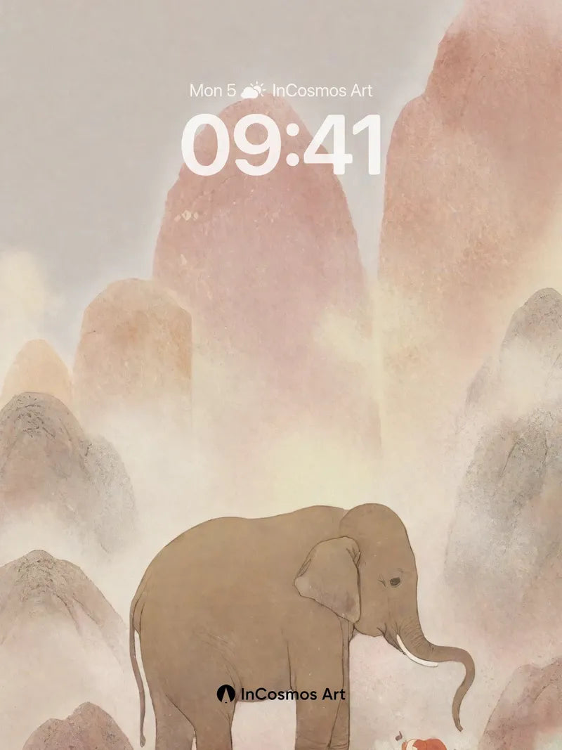 Serenity Elephant Wallpaper with Misty Peaks