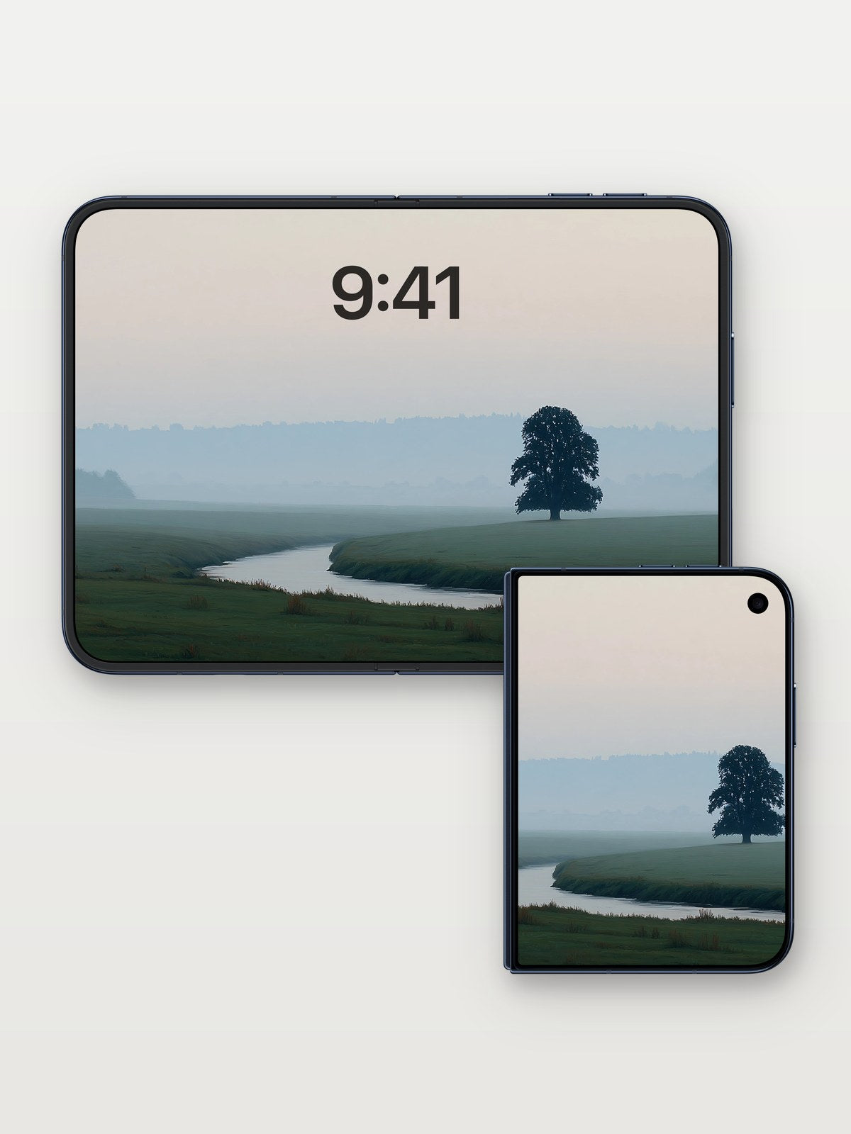 Misty River Solitude Wallpaper - Serene Nature Escape on iPhone Duo, open and closed