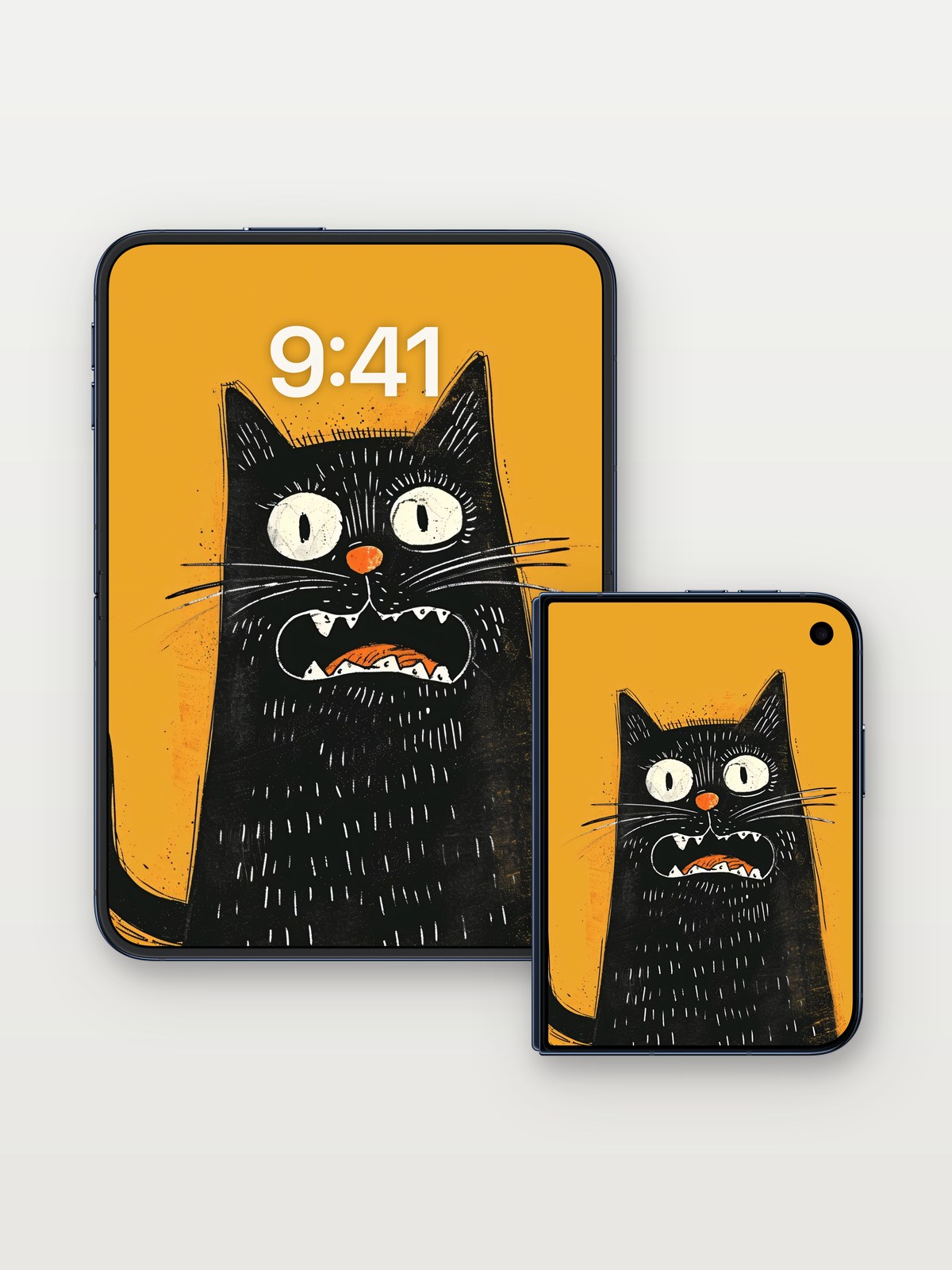 Frightened Feline Wallpaper with Whisker Whispers on iPhone Duo, open and closed