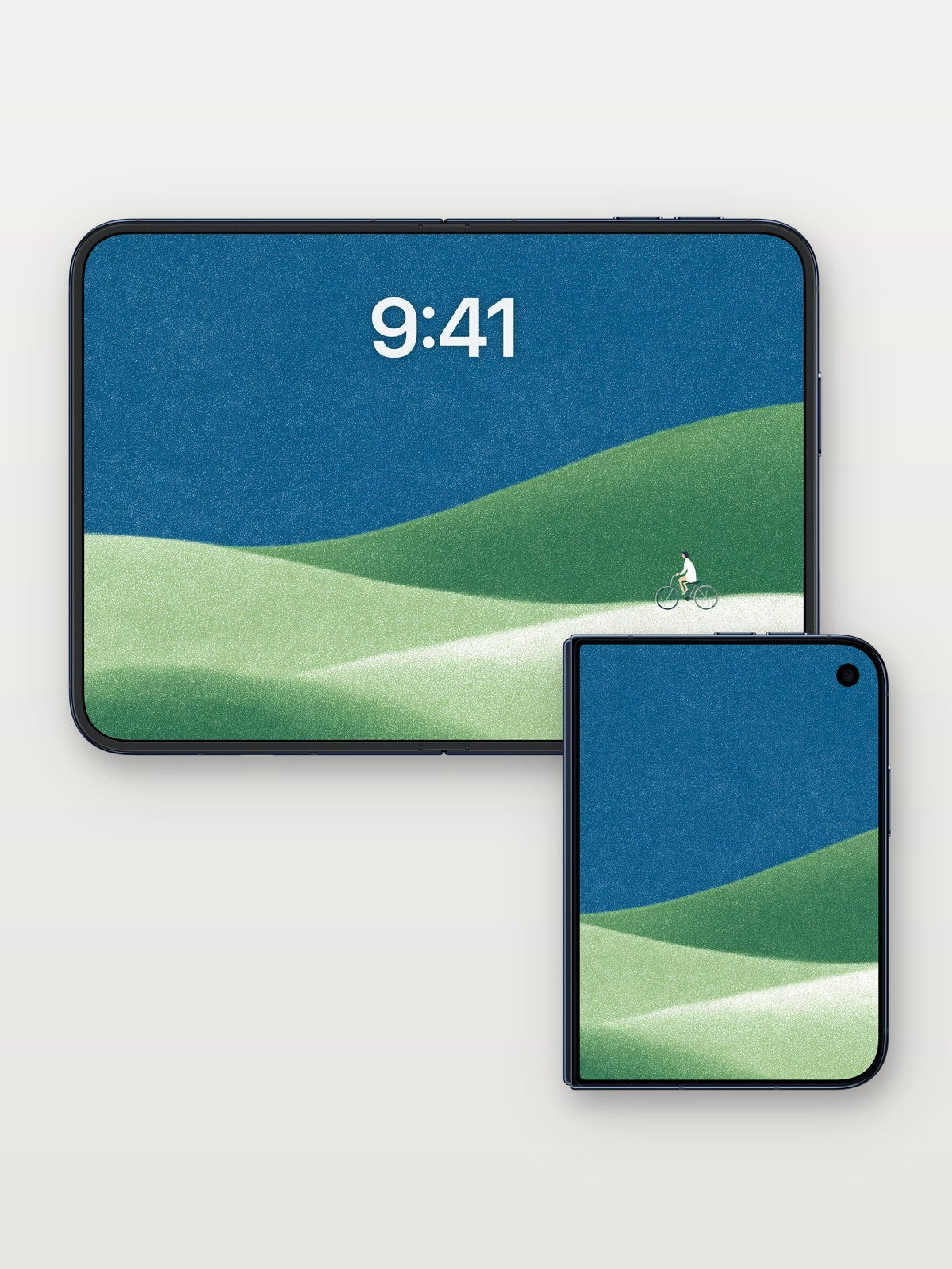 Serenity Ride Wallpaper with Rolling Hills on iPhone Duo, open and closed