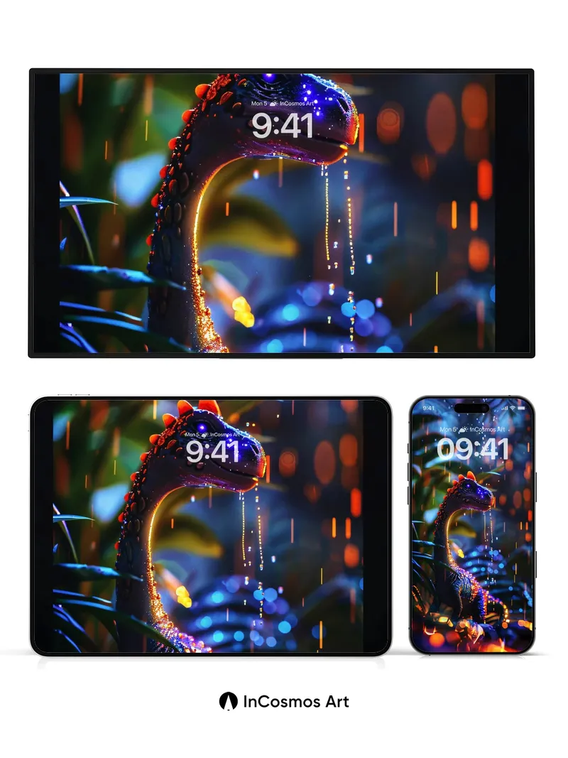 Luminous Dino Wallpaper with Neon Rain