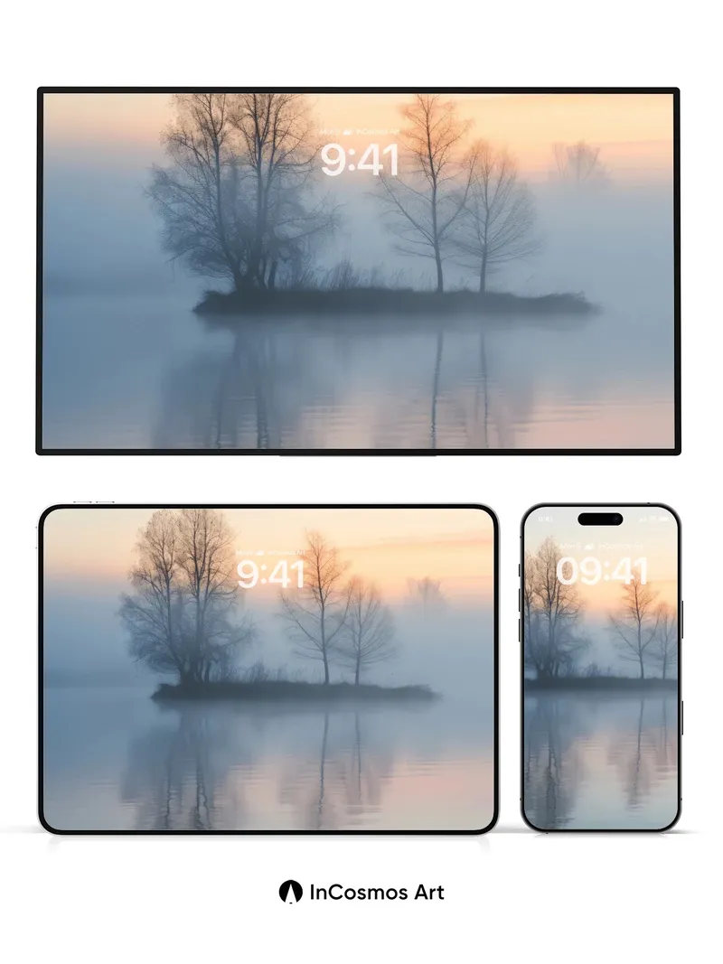 Serenity Mirage Wallpaper with Mist-Whispered Trees