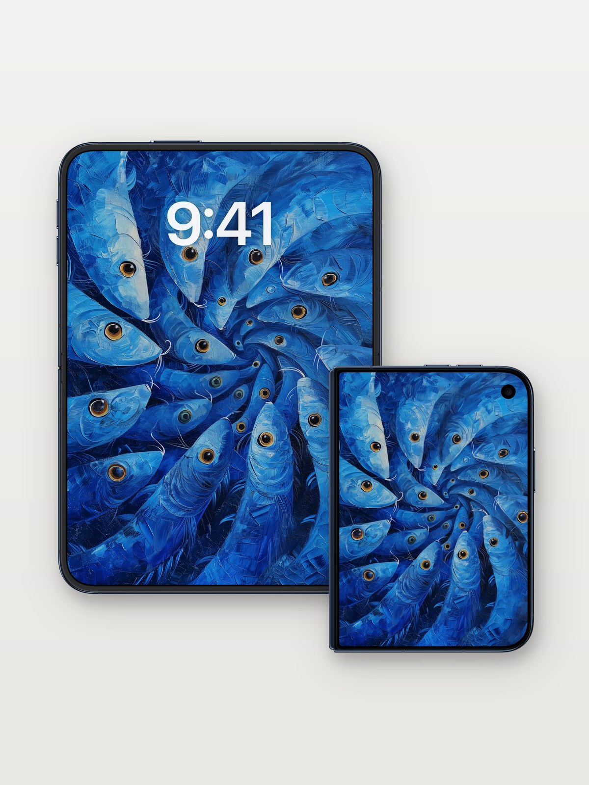 Spiral Abyss Wallpaper with Living Blue Eyes on iPhone Duo, open and closed