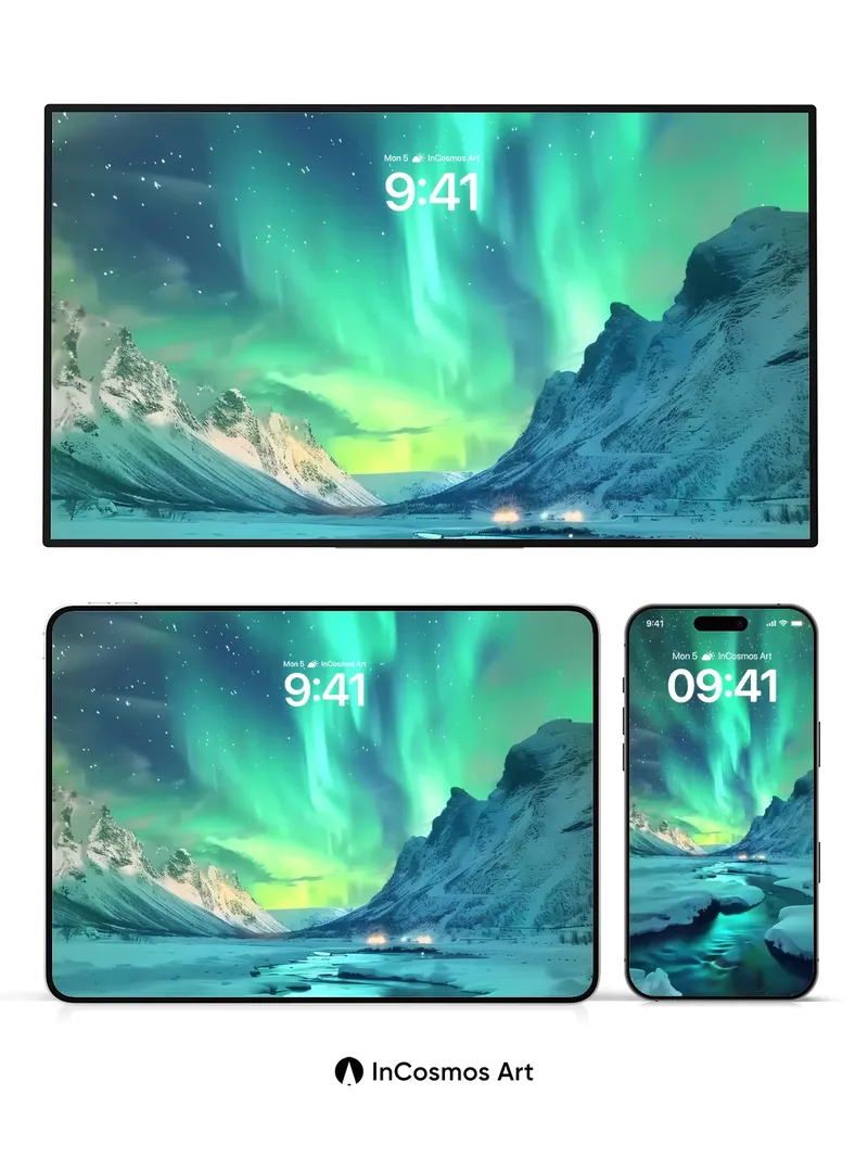 Aurora Veil Wallpaper with Frozen River Light