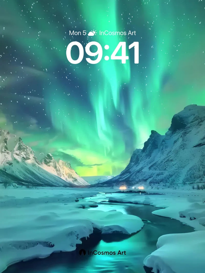 Aurora Veil Wallpaper with Frozen River Light