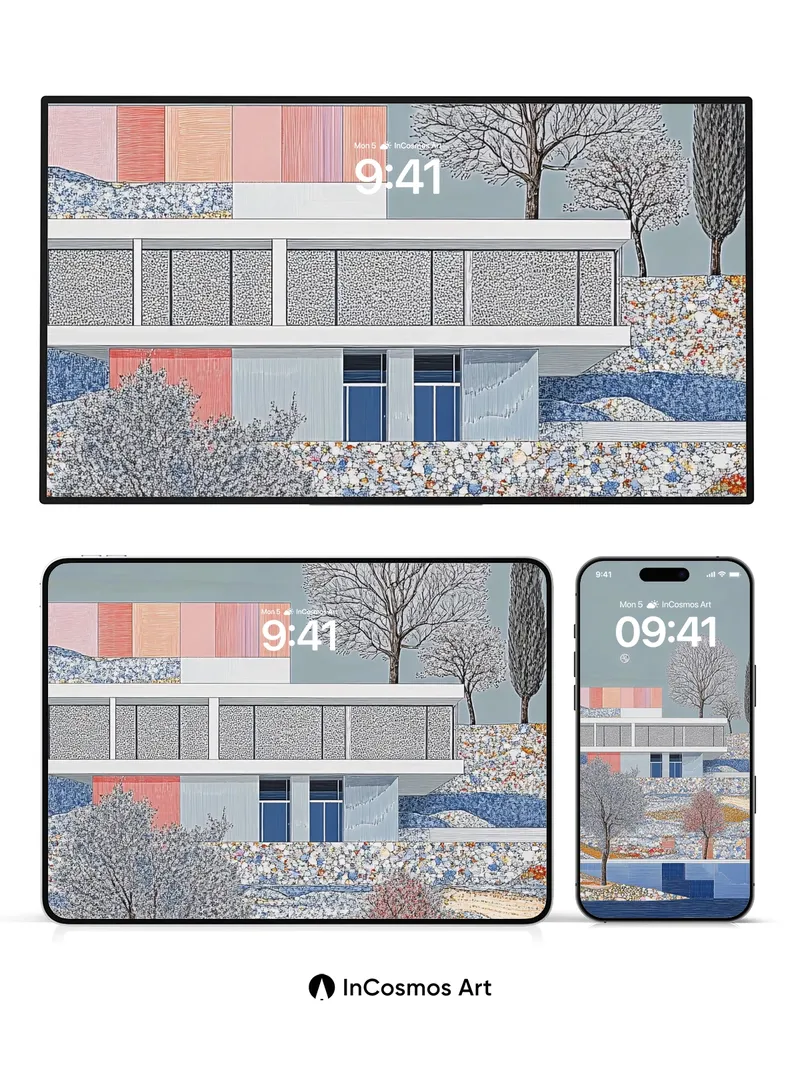 Silent Geometry Wallpaper with Moonlit Trees