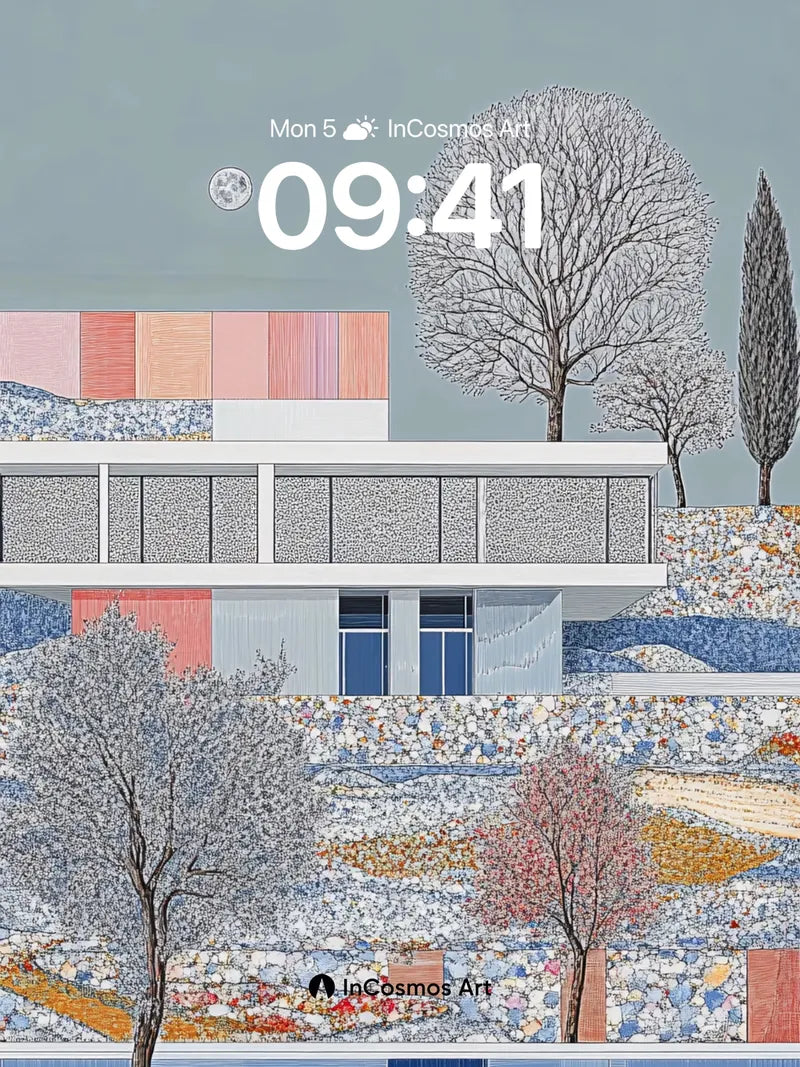 Silent Geometry Wallpaper with Moonlit Trees