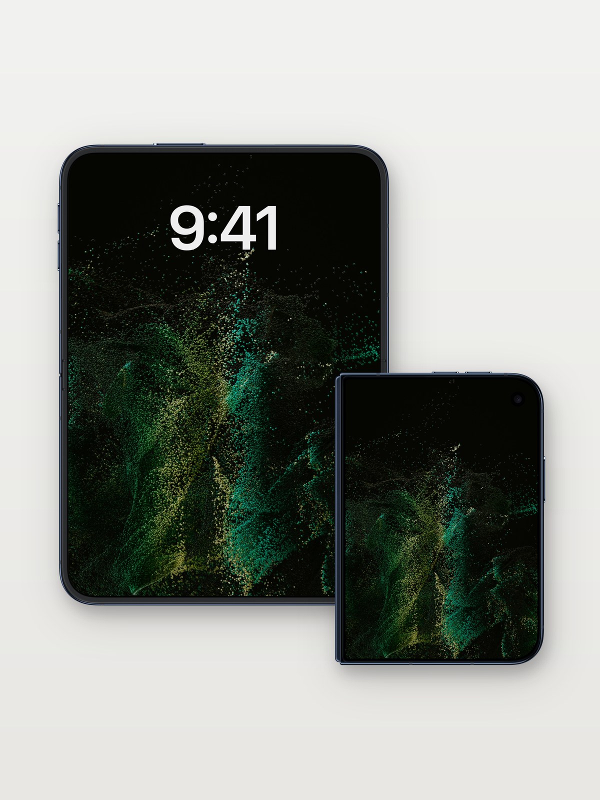 Emerald Nebula Wallpaper with Cosmic Dust Trails on iPhone Duo, open and closed