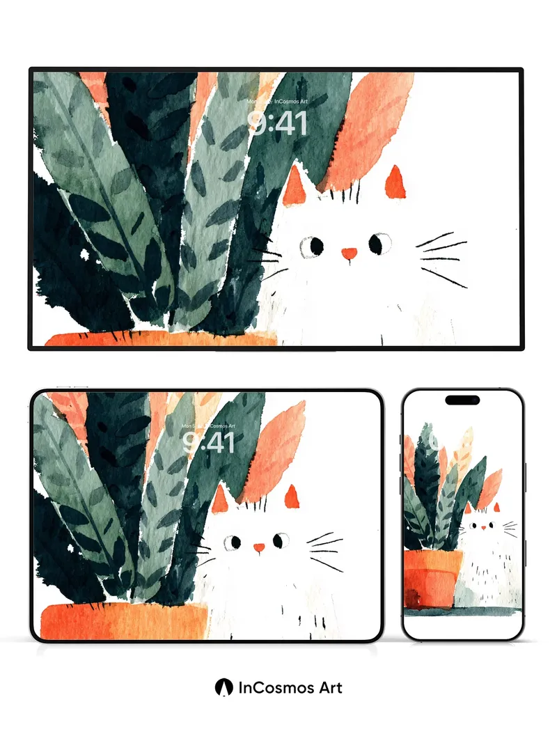 Whispering Feline Wallpaper with Potted Leaves