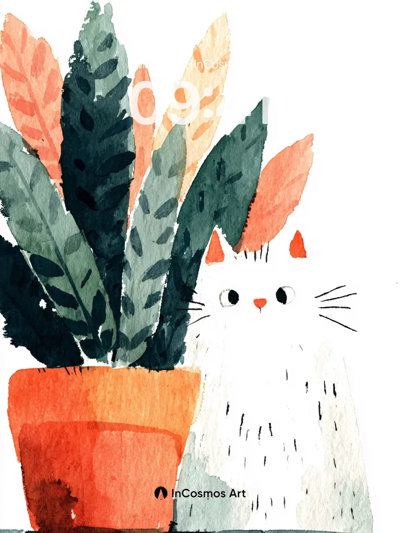 Whispering Feline Wallpaper with Potted Leaves