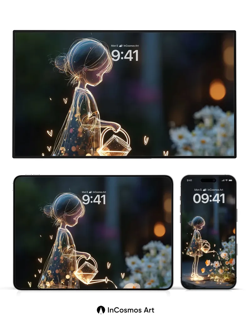 Luminous Garden Wallpaper with Floating Hearts