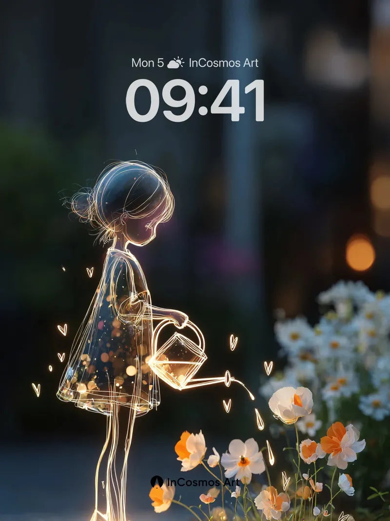 Luminous Garden Wallpaper with Floating Hearts