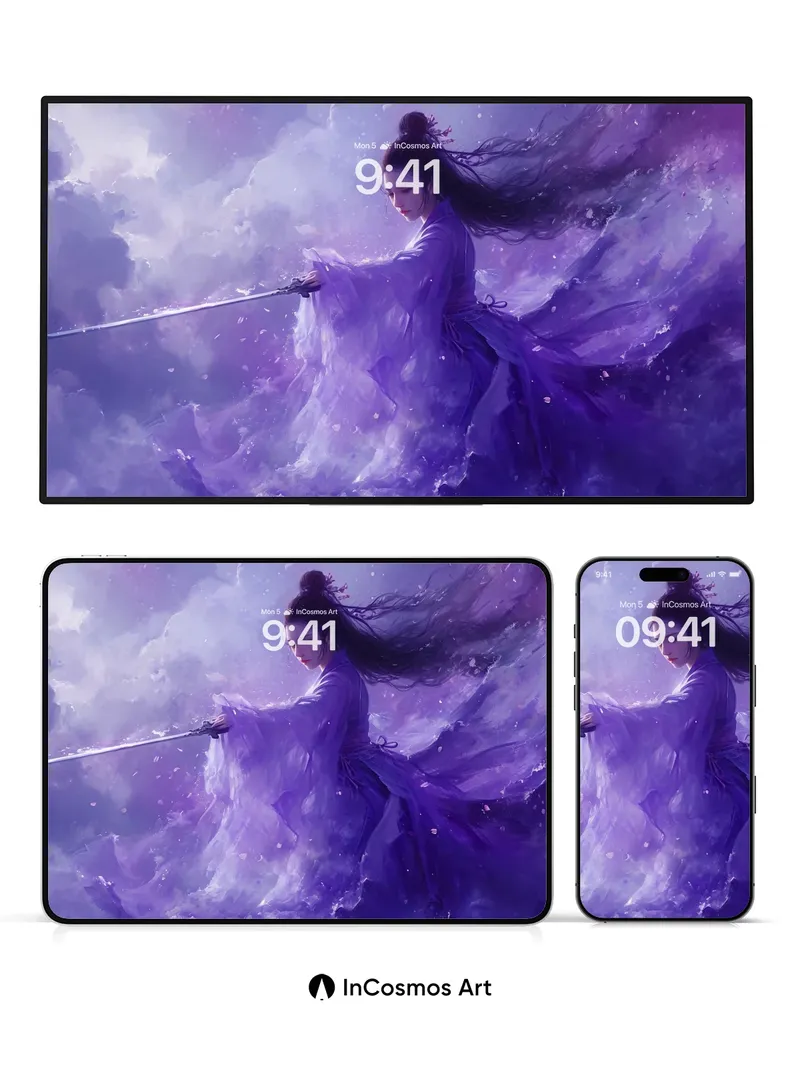 Ethereal Violet Warrior Wallpaper with Floating Silk