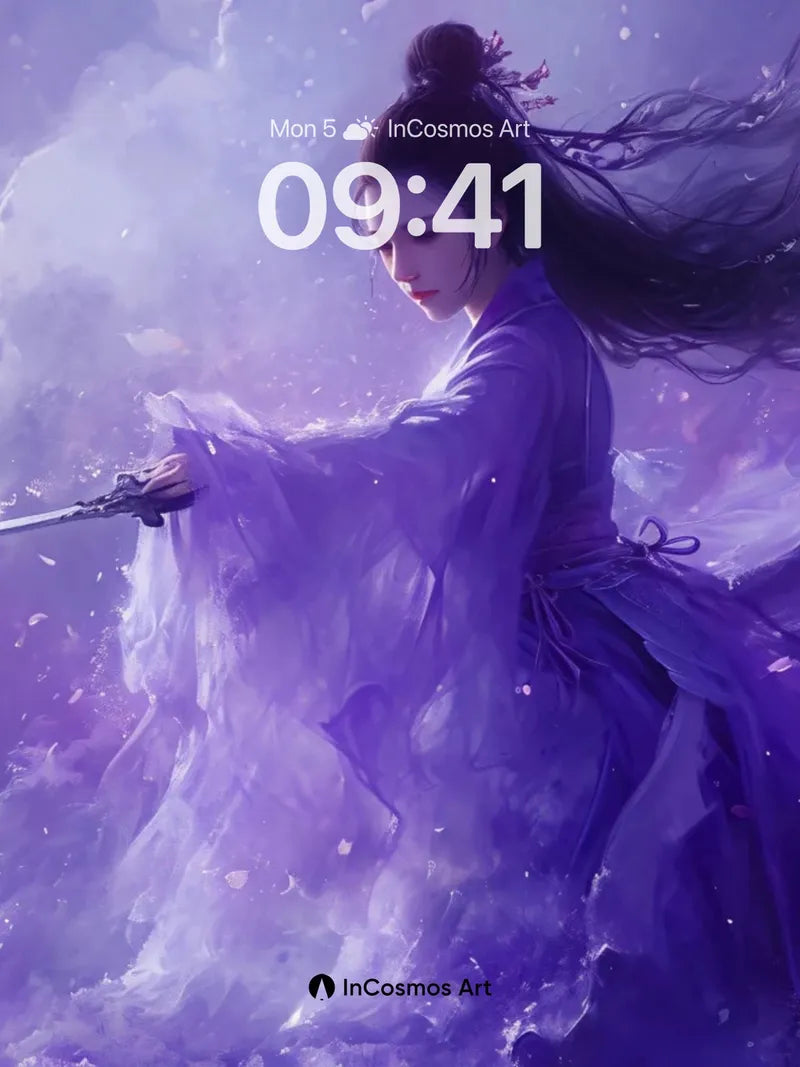 Ethereal Violet Warrior Wallpaper with Floating Silk