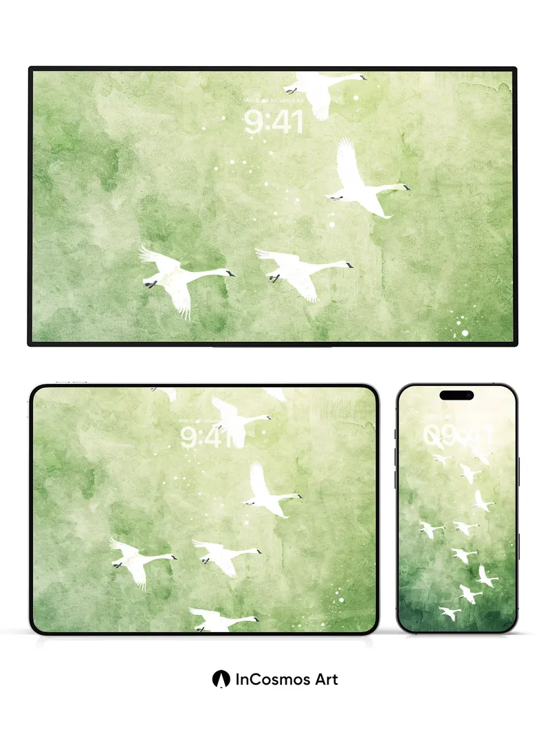 Serene Swan Migration Wallpaper in Misty Green