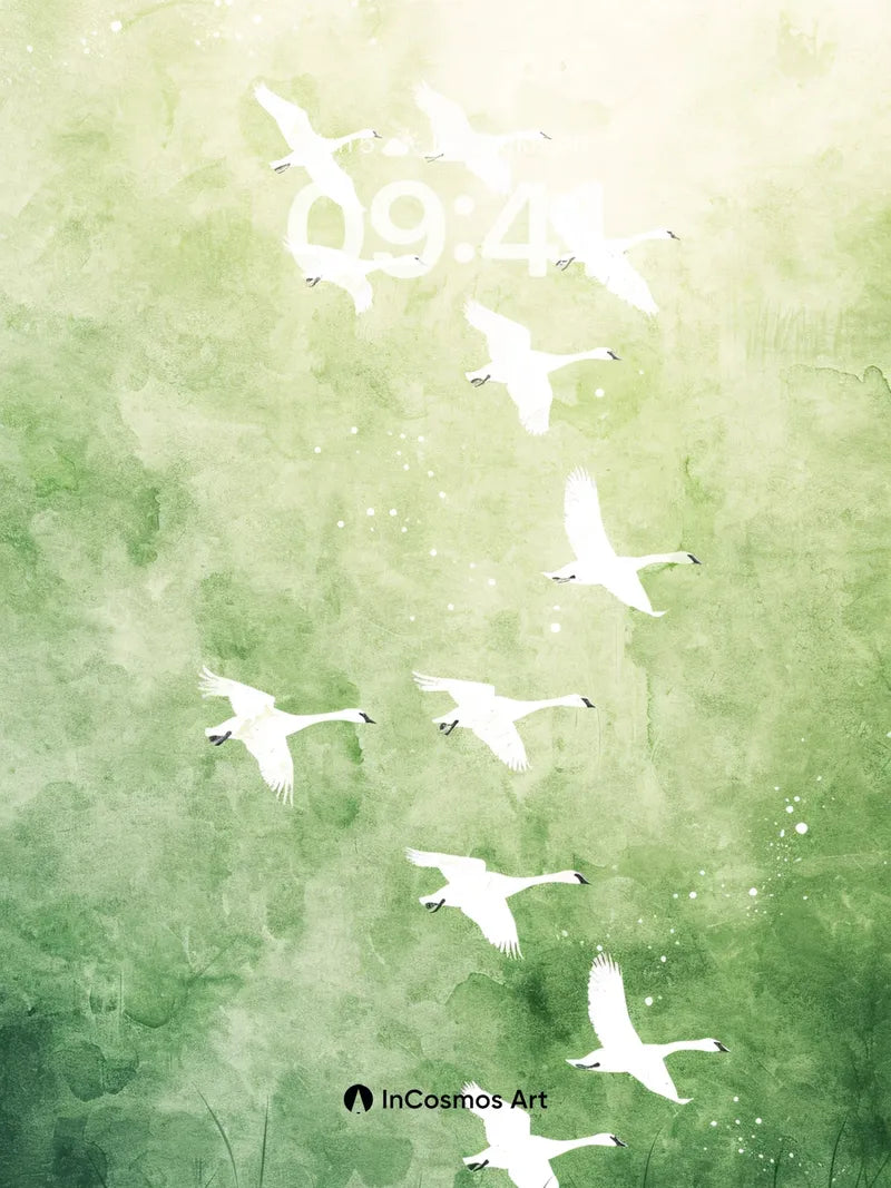 Serene Swan Migration Wallpaper in Misty Green wallpaper for iPhone, iPad & Mac