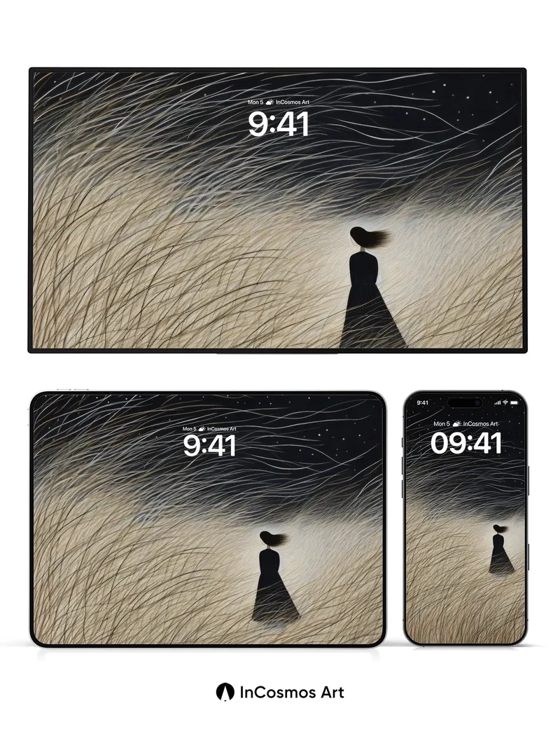 Whispering Grass Wallpaper with Starlit Silhouette