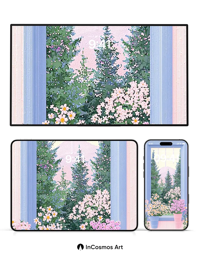 Serenity Through Window Wallpaper with Floral Embrace