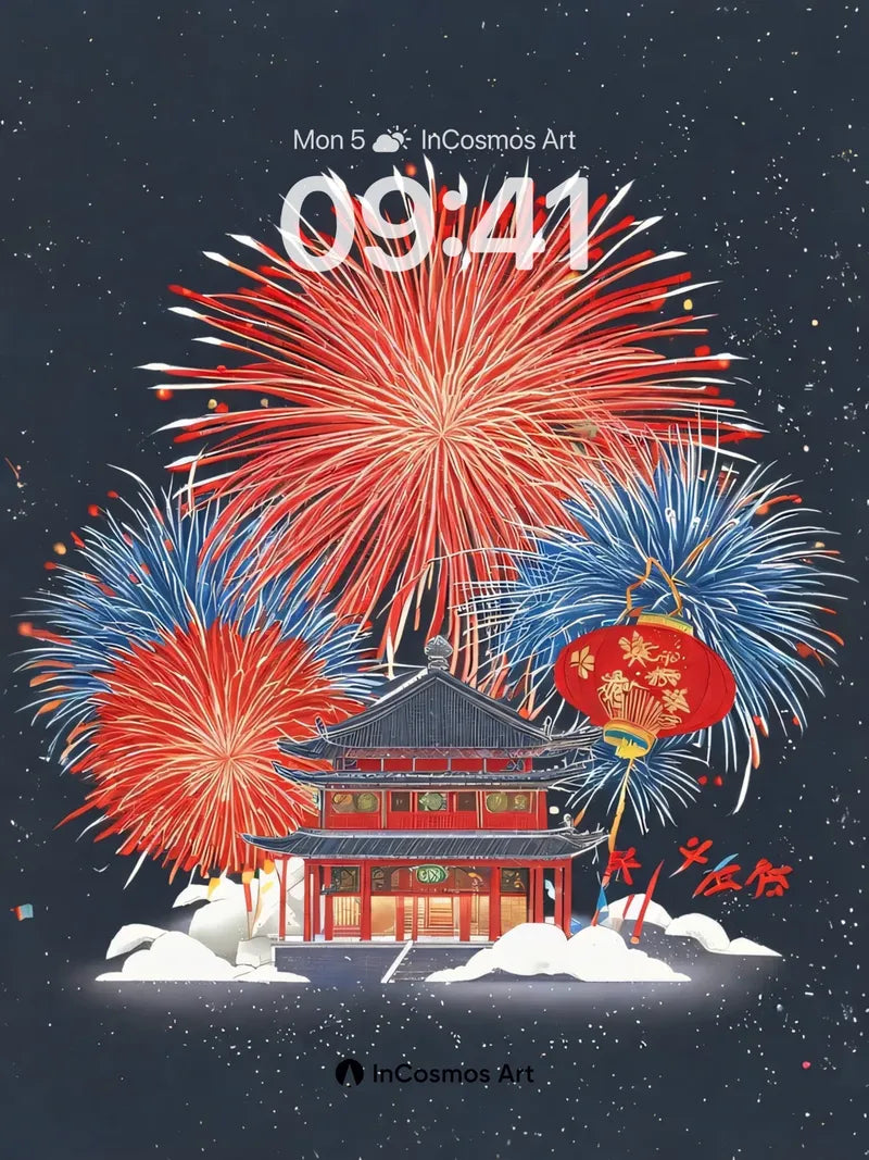 Celestial Firework Wallpaper with Floating Pagoda wallpaper for iPhone, iPad & Mac
