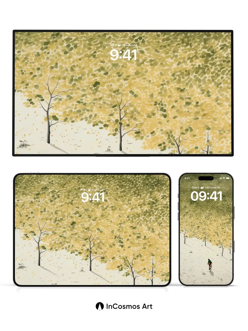 Autumn Hush Wallpaper with Floating Leaves