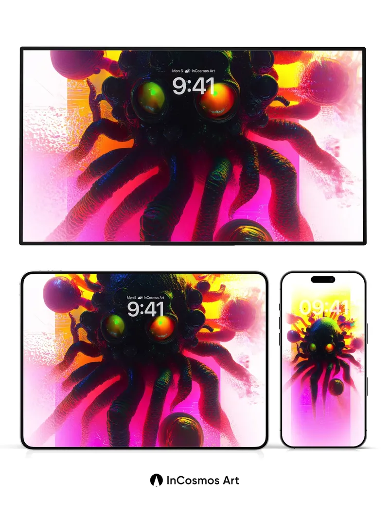 Neon Nightmare Wallpaper with Bioluminescent Tentacles