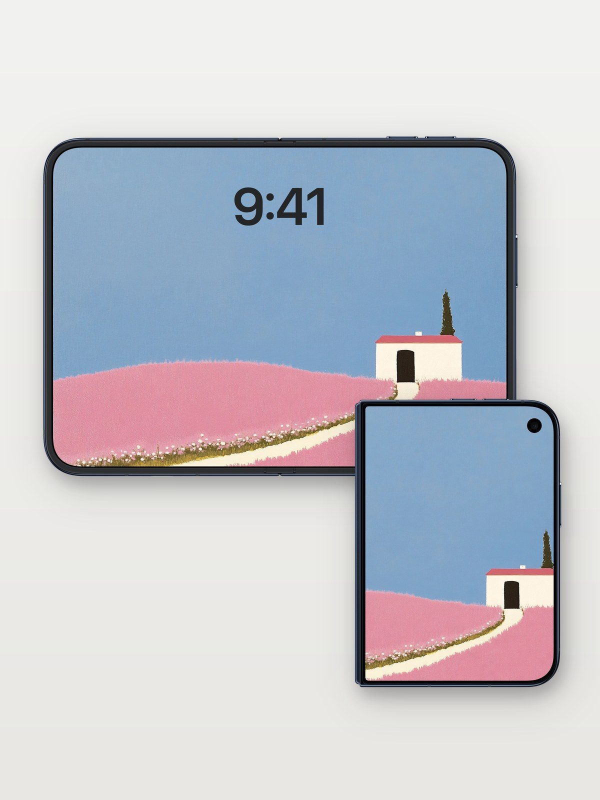 Serene Hillside Wallpaper with Whispering Path on iPhone Duo, open and closed