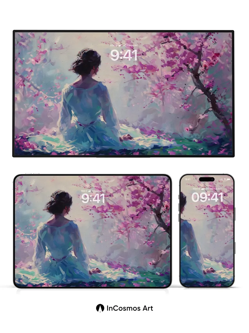 Serenity Bloom Wallpaper with Cherry Petal Drift