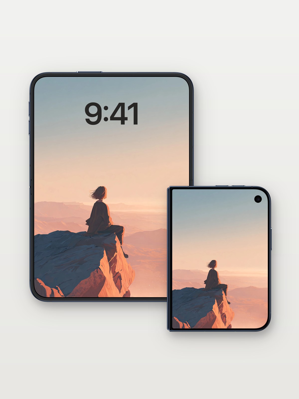 Serenity Summit Wallpaper with Distant Hues on iPhone Duo, open and closed