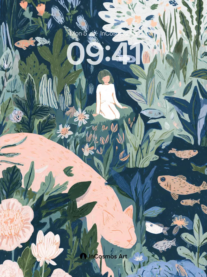 Whispering Jungle Wallpaper with Sleeping Cat