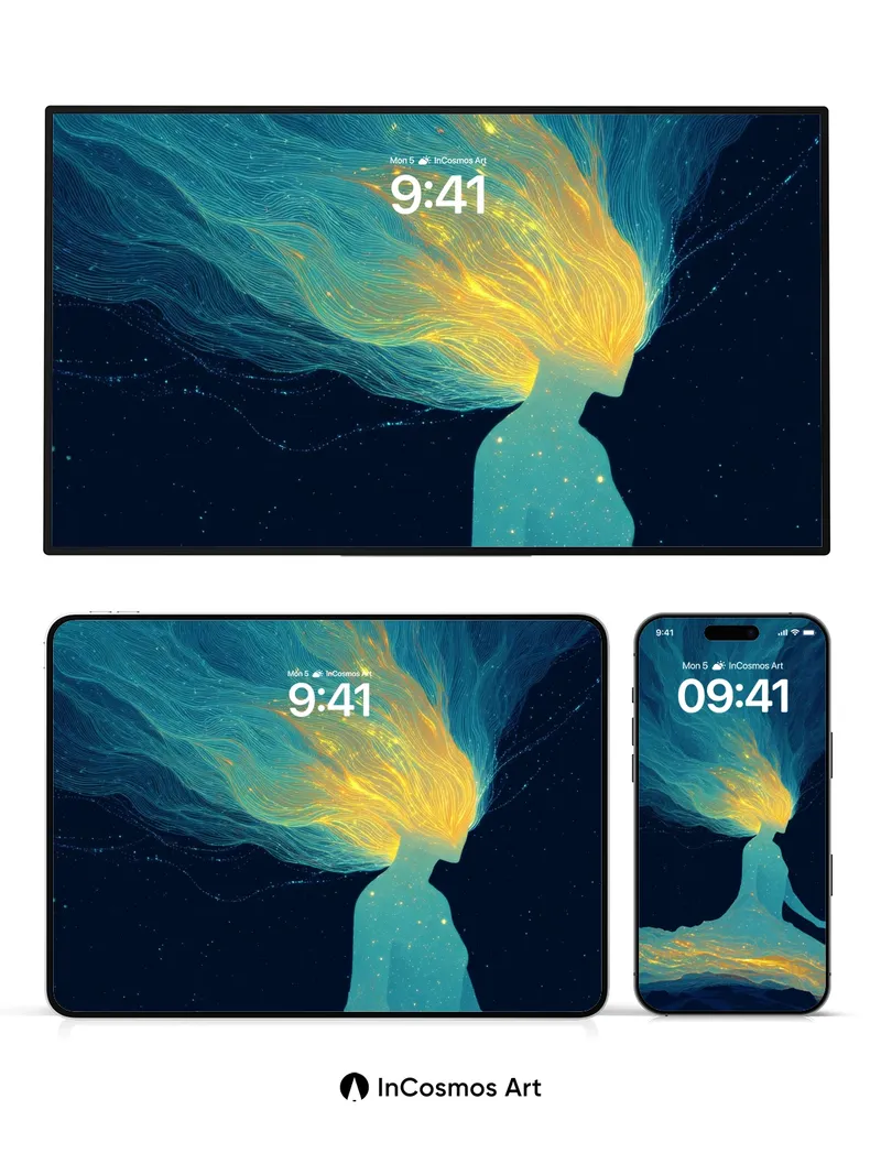 Celestial Silhouette Wallpaper with Golden Hairflow