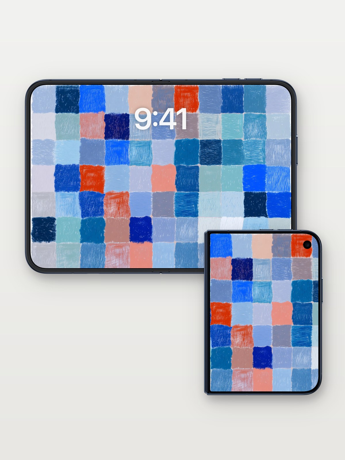 Soft Grid Wallpaper in Ocean Blues on iPhone Duo, open and closed