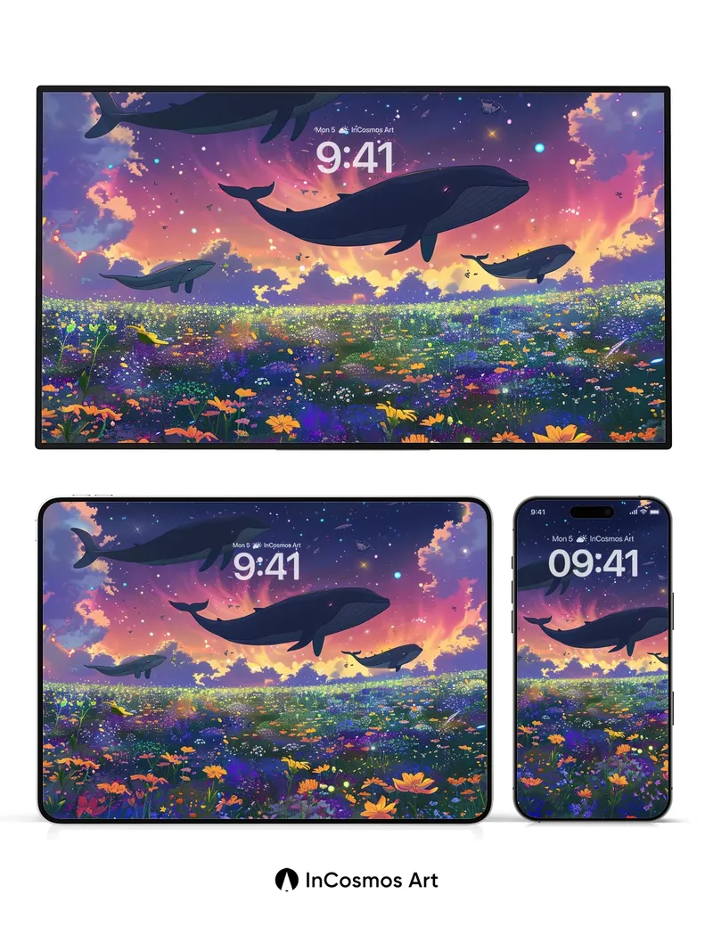 Whispering Sky Whales Wallpaper with Starlit Fields