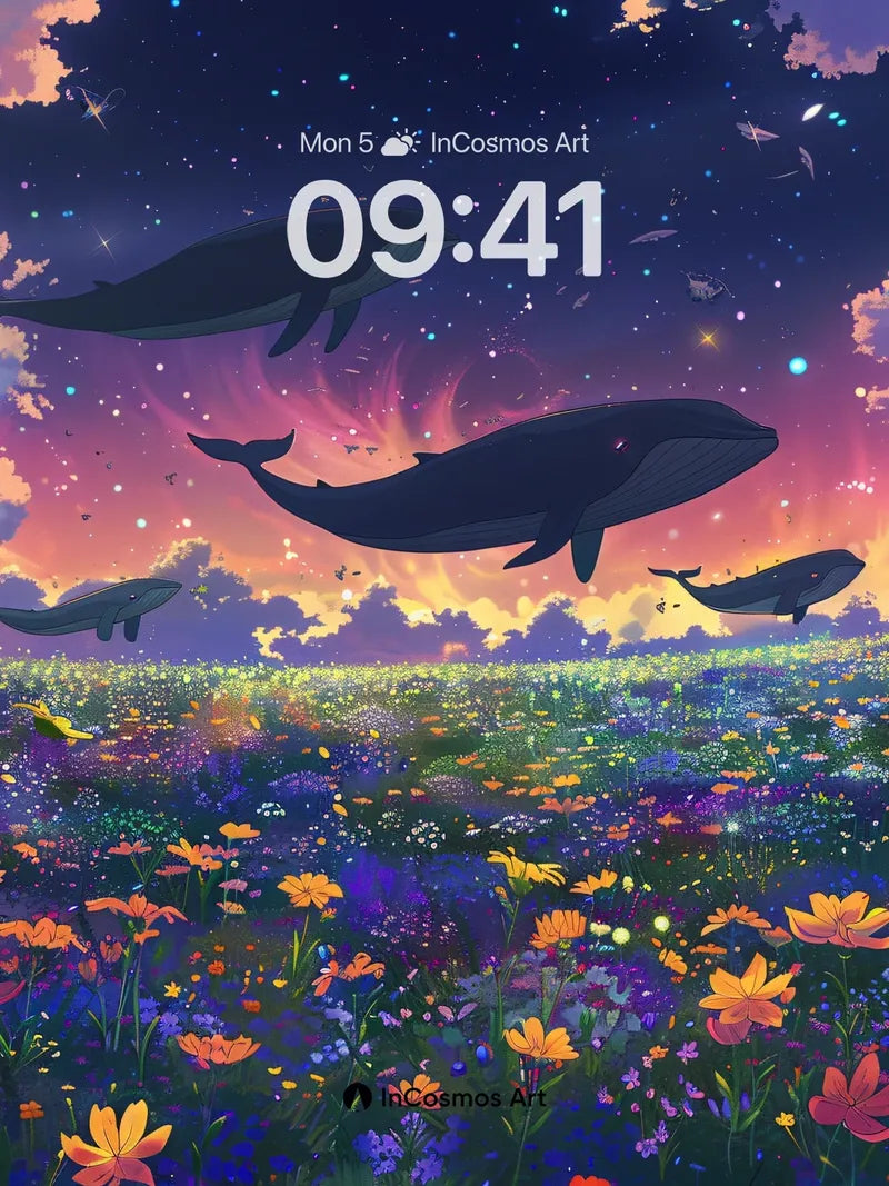 Whispering Sky Whales Wallpaper with Starlit Fields