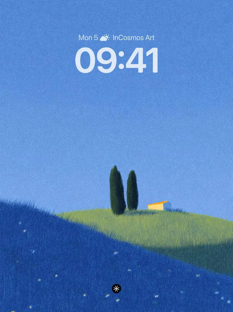 Serene Hillside Wallpaper with Cypress Trees and Golden Cottage wallpaper for iPhone, iPad & Mac