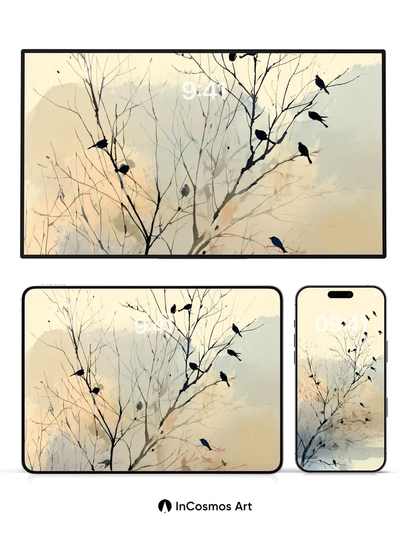 Silent Flight Wallpaper with Ink-Brush Trees