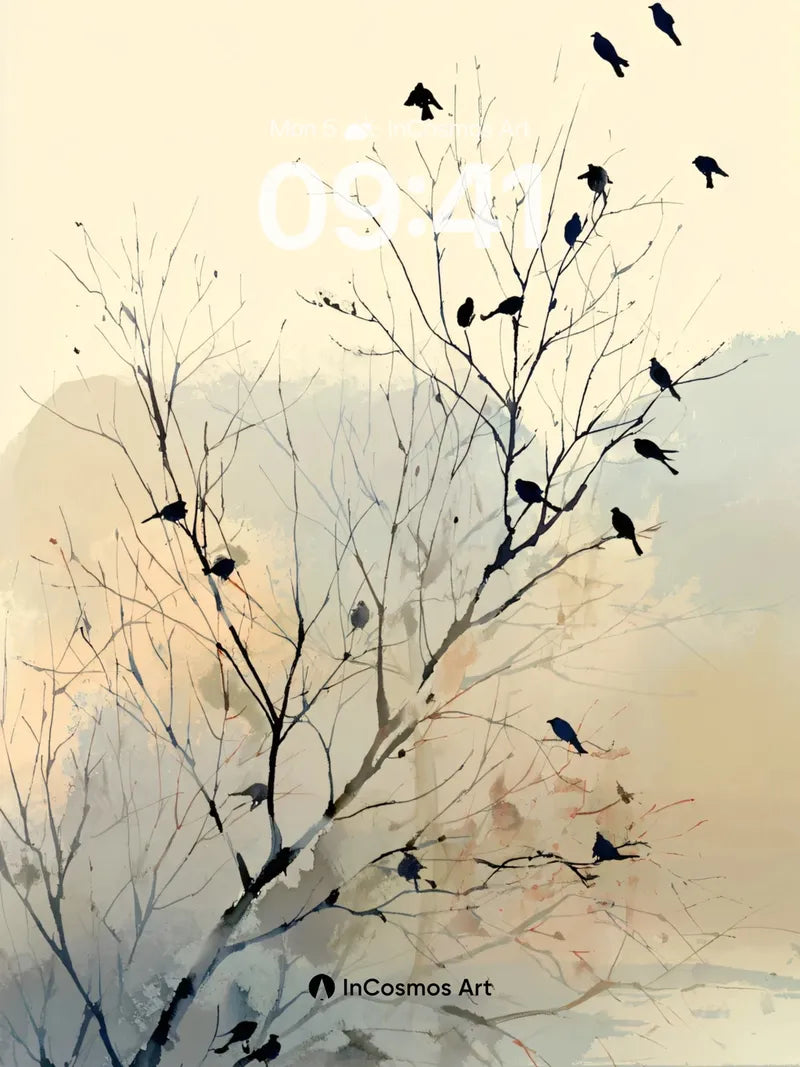 Silent Flight Wallpaper with Ink-Brush Trees