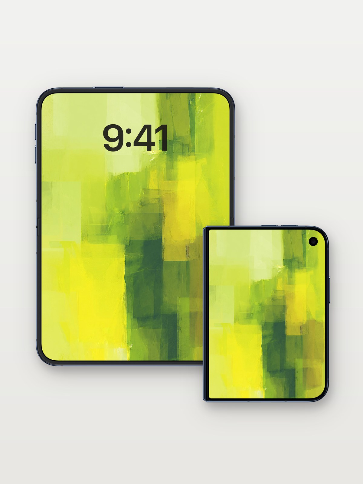 Luminous Veil Wallpaper with Verdant Strokes on iPhone Duo, open and closed