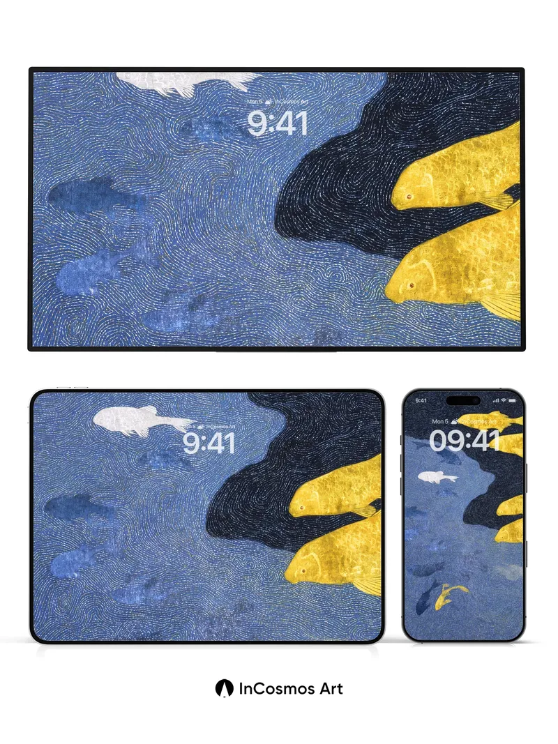 Whispering Currents Wallpaper with Golden Fish