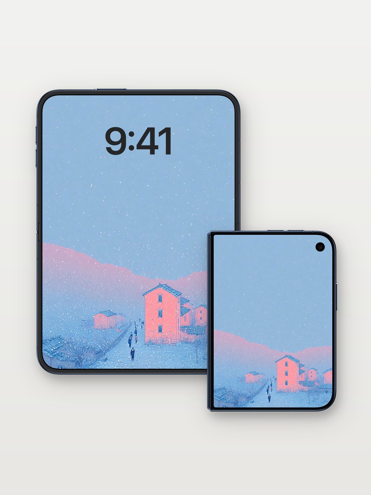 Serene Winter Village Wallpaper with Pink-Hued Homes on iPhone Duo, open and closed