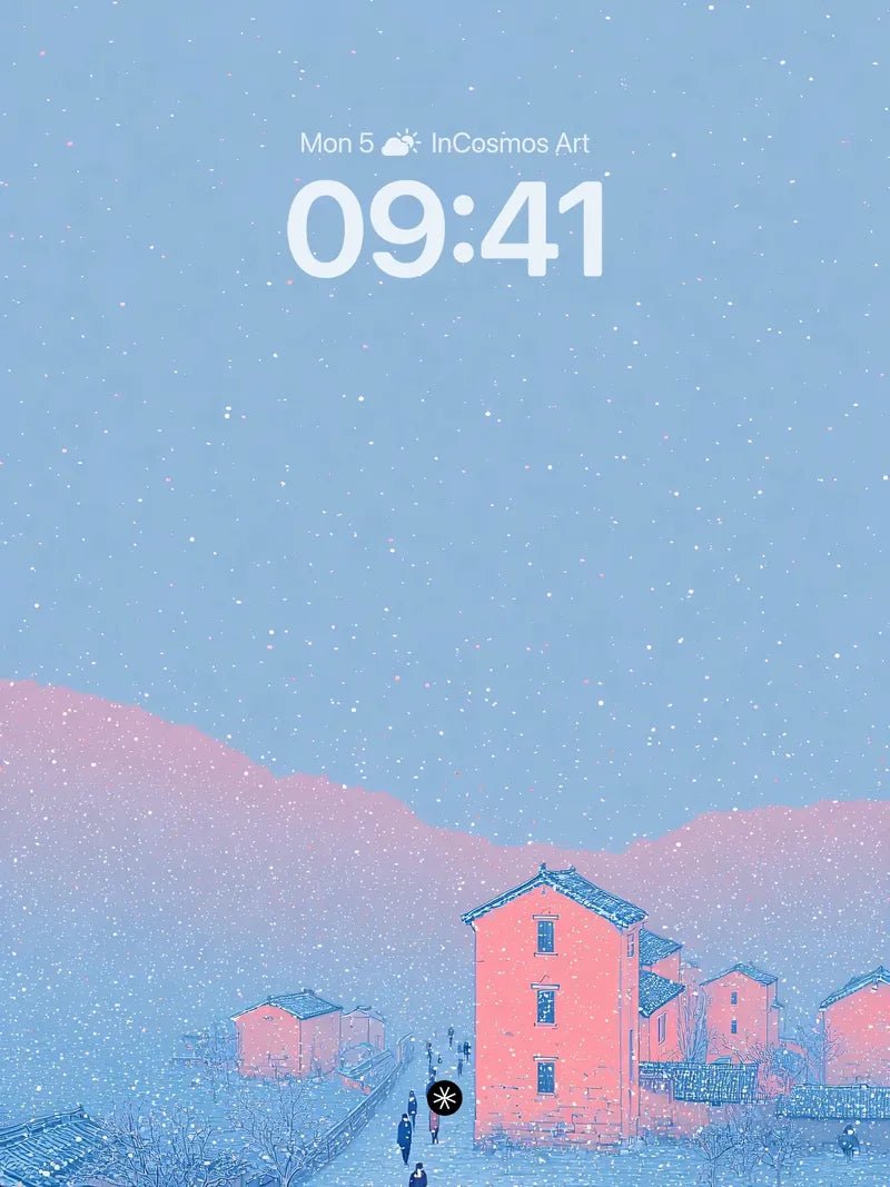 Serene Winter Village Wallpaper with Pink-Hued Homes wallpaper for iPhone, iPad & Mac