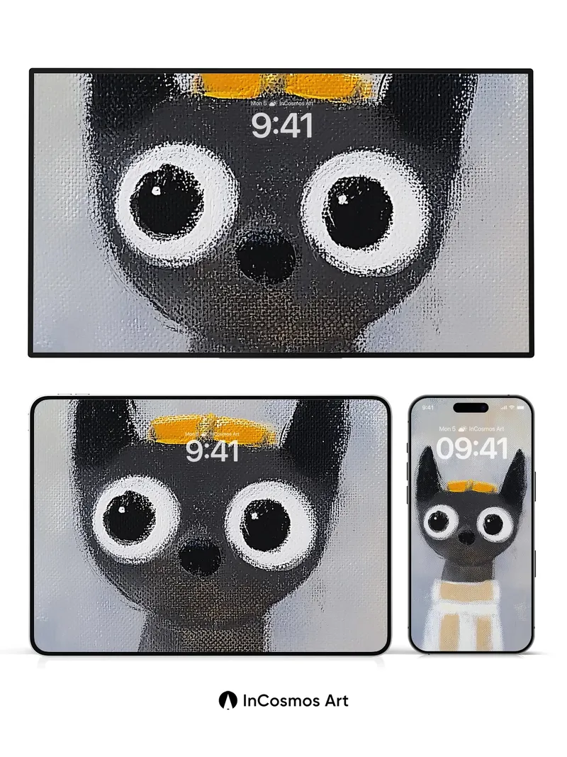 Whimsical Cat Portrait Wallpaper with Golden Bow