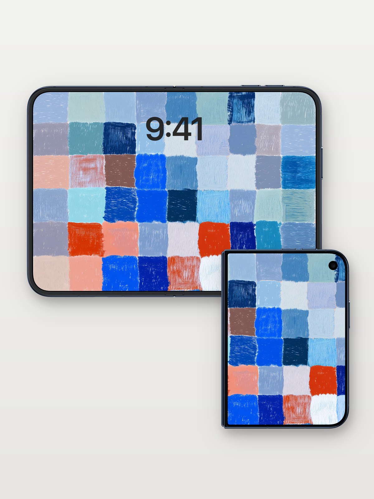 Soft Grid Harmony Wallpaper in Pastel Hues on iPhone Duo, open and closed