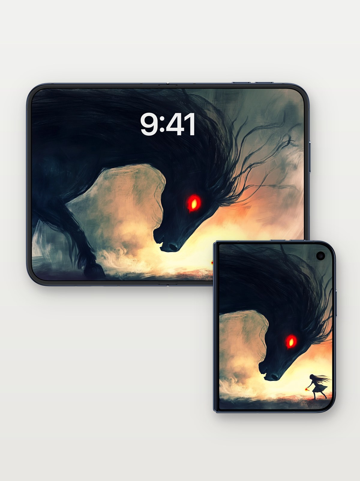Whispering Shadow Wallpaper with Fiery Gaze on iPhone Duo, open and closed