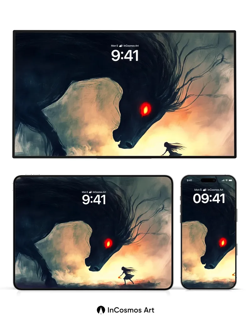 Whispering Shadow Wallpaper with Fiery Gaze