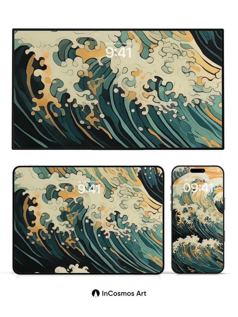 Crimson Surge Wallpaper with Hokusai Waves