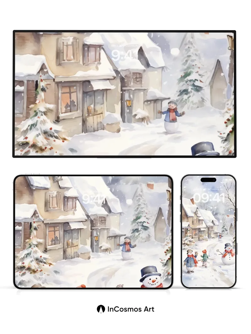 Whispering Snowfall Wallpaper with Playful Snowmen